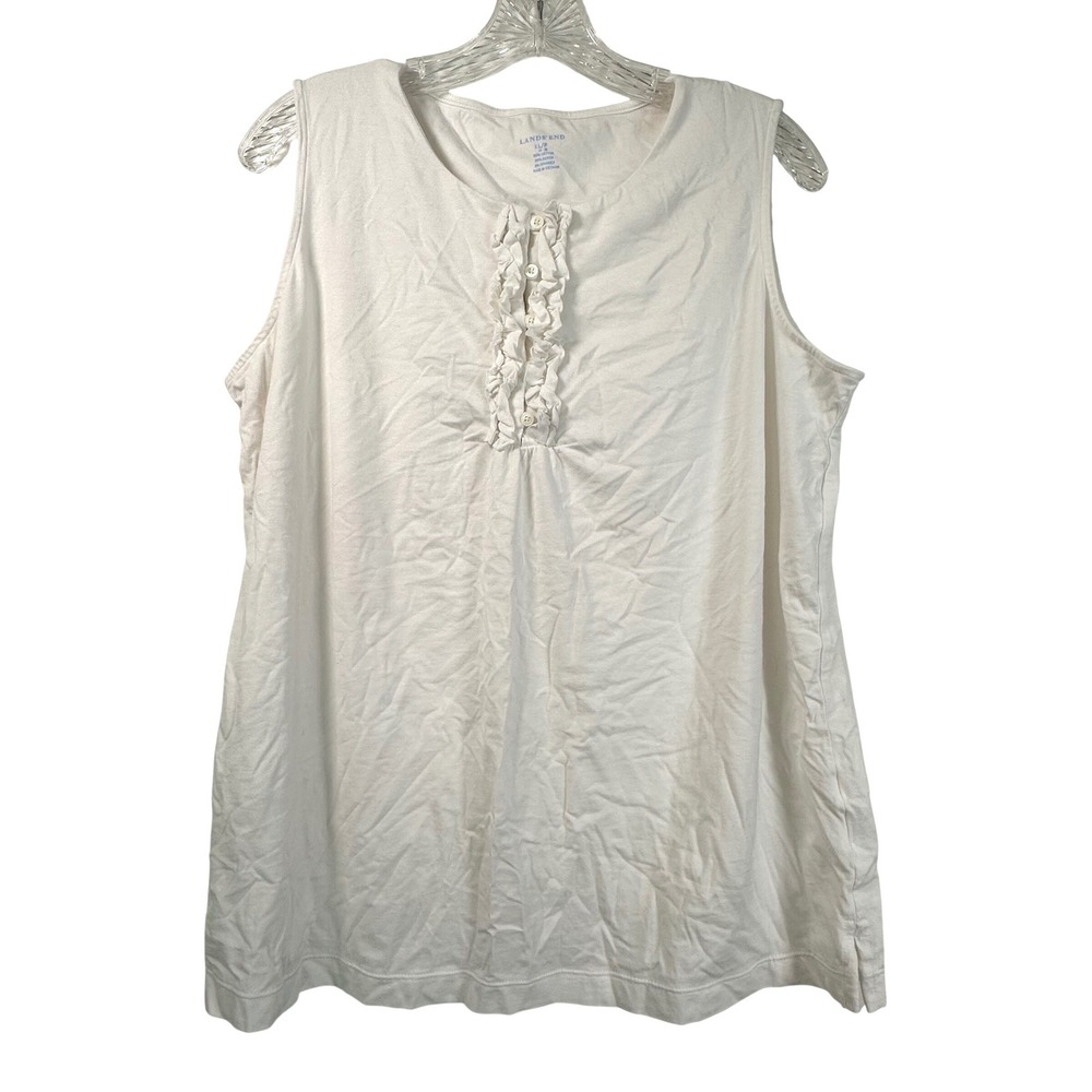 Lands End Womens XL Petite White Ruffle Henley Sleeveless Knit Tank Top Cotton